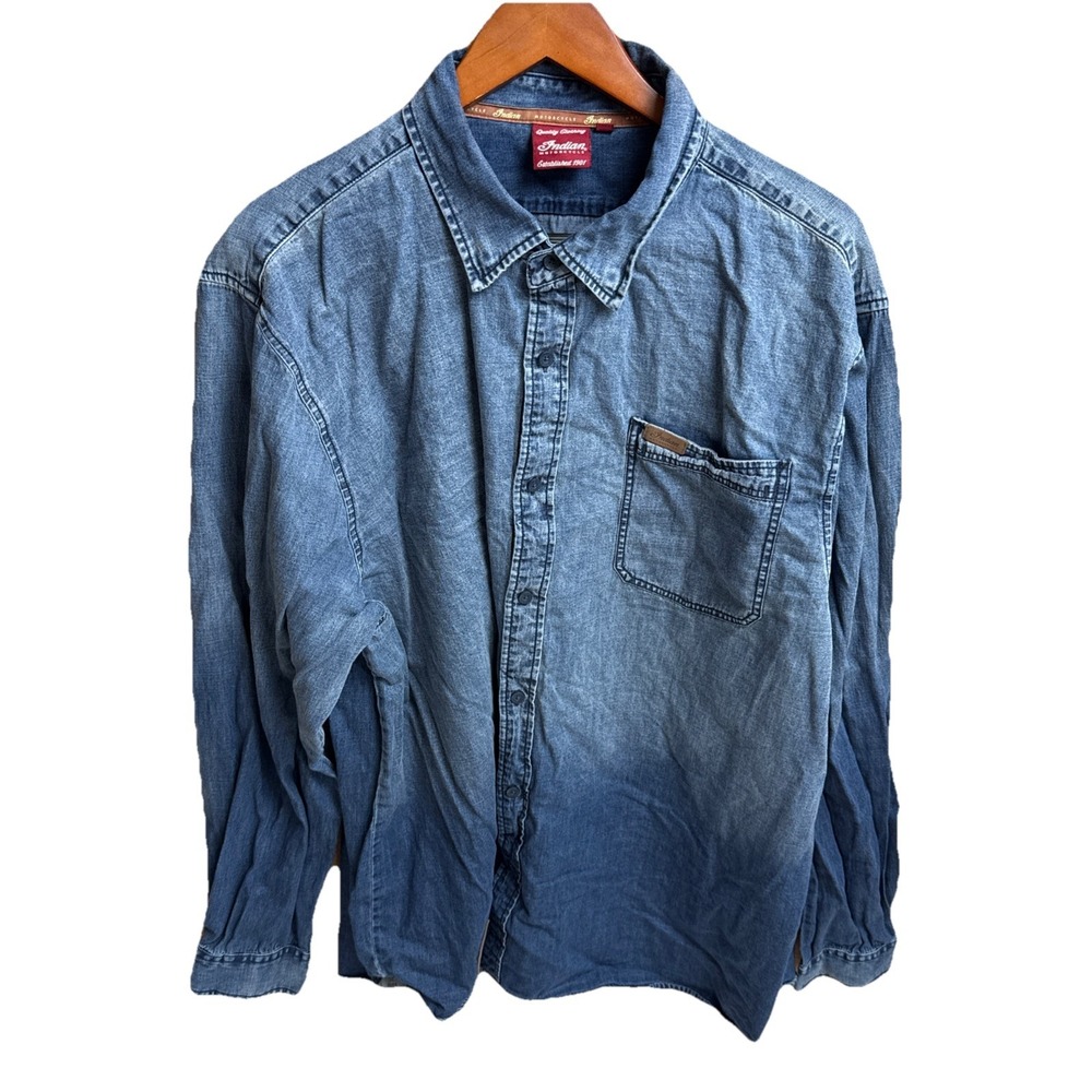 Indian Motorcycles Denim Pearl Snap Shirt Mens Size 2XL Pockets Long‎ Sleeve